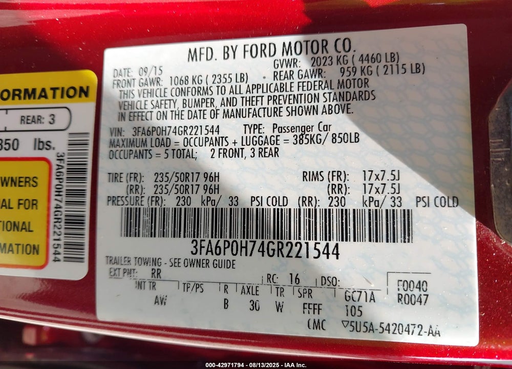 2016 FORD FUSION VIN: 3FA6P0H74GR221544