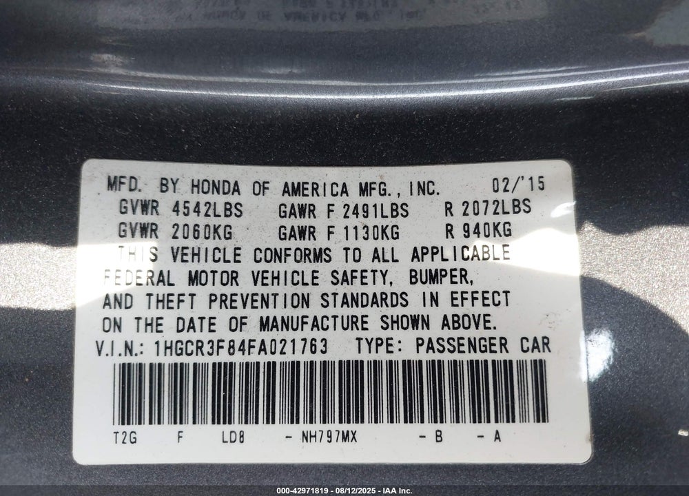 2015 HONDA ACCORD VIN: 1HGCR3F84FA021763