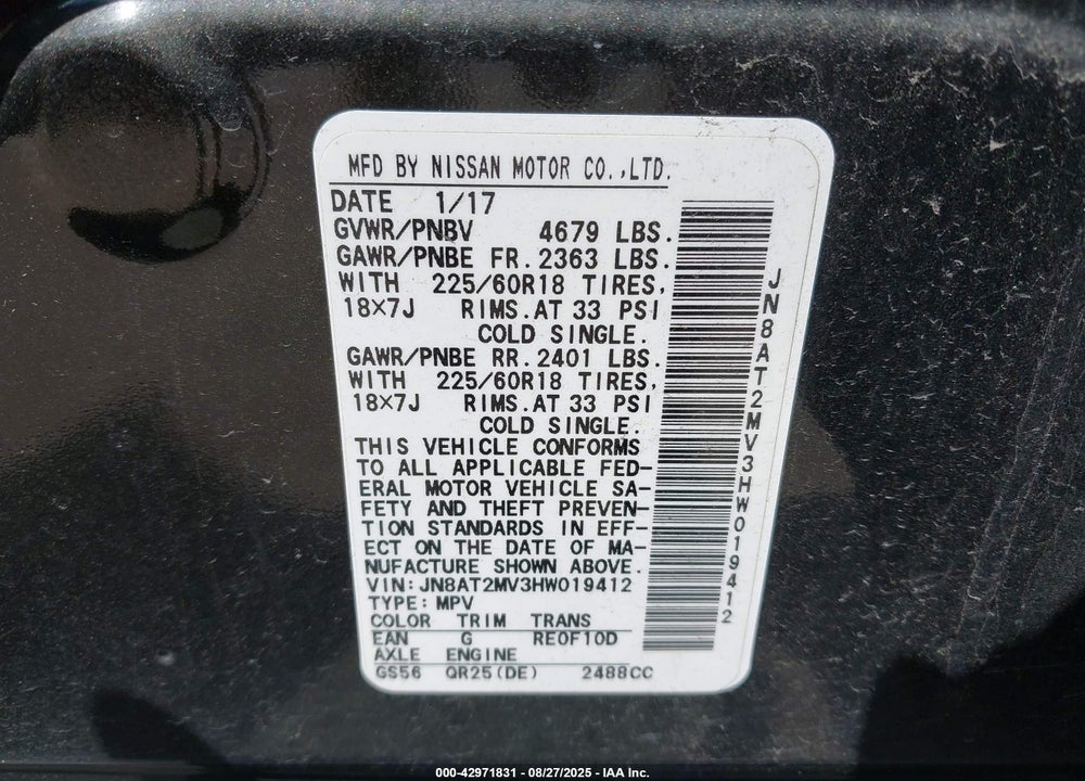 2017 NISSAN ROGUE SL VIN: JN8AT2MV3HW019412