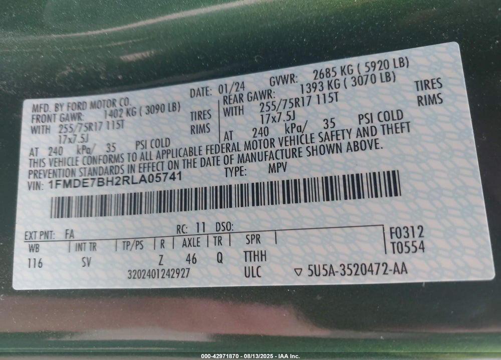 2024 FORD BRONCO VIN: 1FMDE7BH2RLA05741