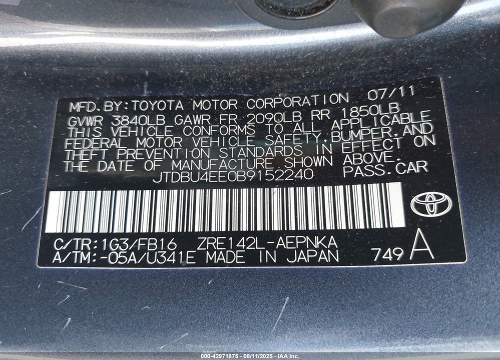 2011 TOYOTA COROLLA LE VIN: JTDBU4EE0B9152240