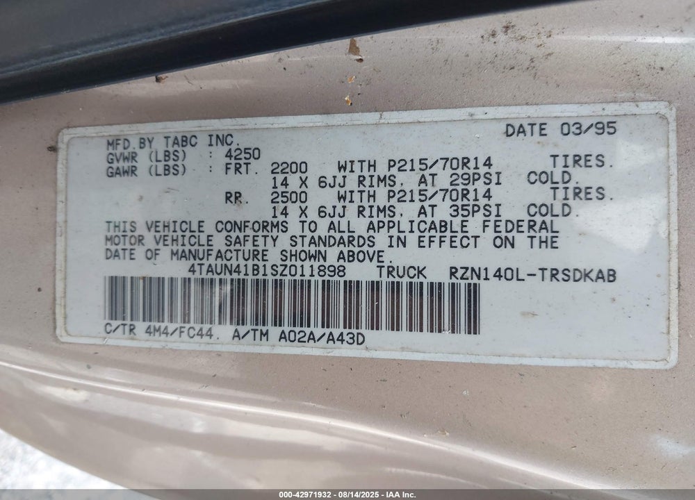1995 TOYOTA TACOMA VIN: 4TAUN41B1SZ011898