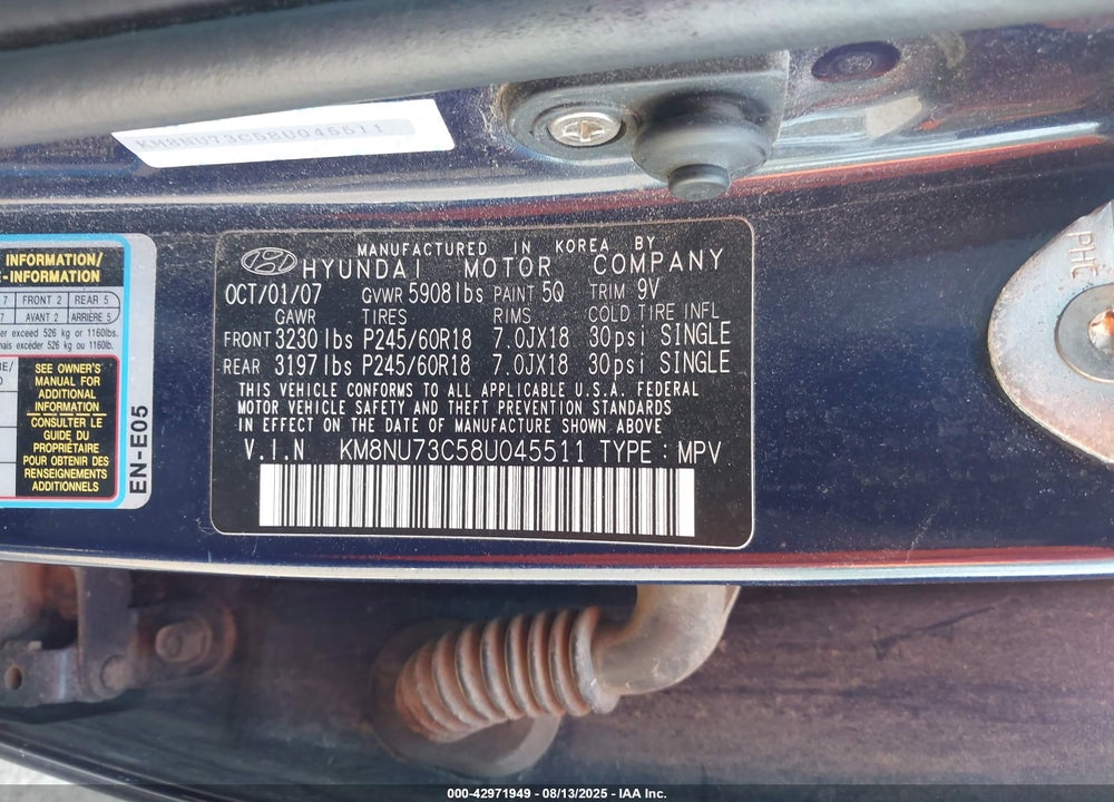 2008 HYUNDAI VERACRUZ GLS/LIMITED/SE VIN: KM8NU73C58U045511