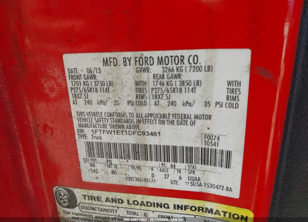 2013 FORD F-150 VIN: 1FTFW1ET1DFC93461