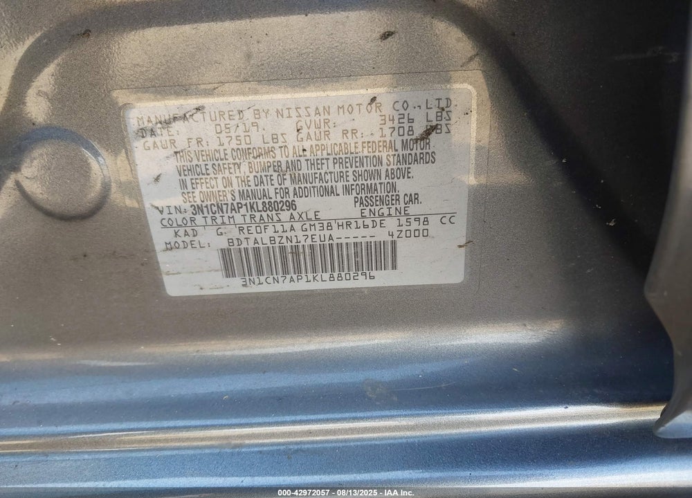 2019 NISSAN VERSA VIN: 3N1CN7AP1KL880296