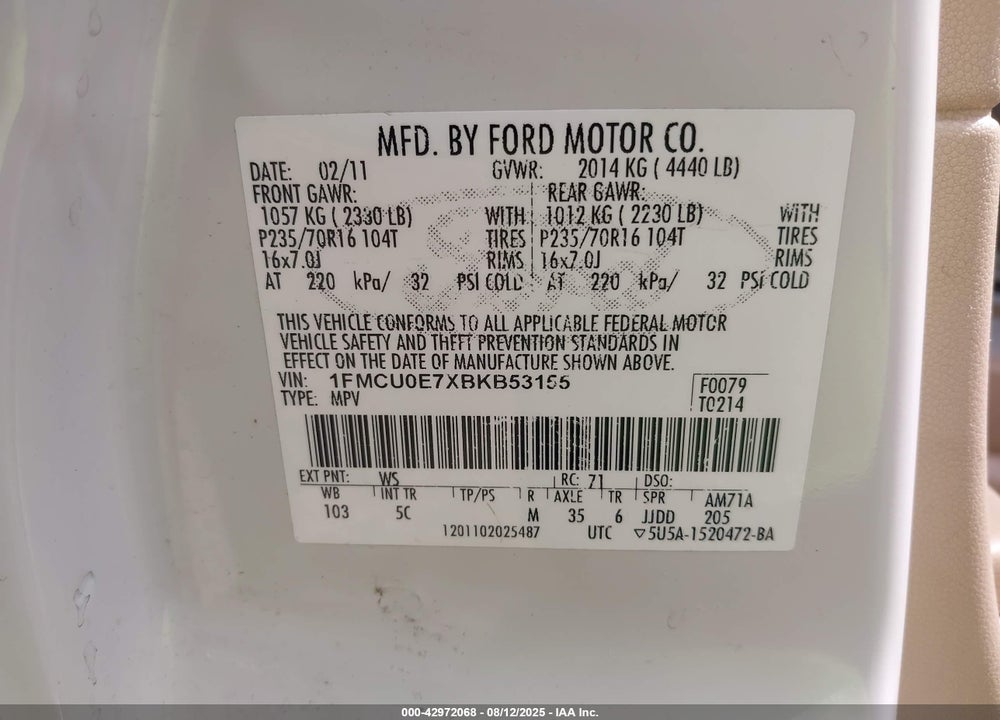 2011 FORD ESCAPE VIN: 1FMCU0E7XBKB53155