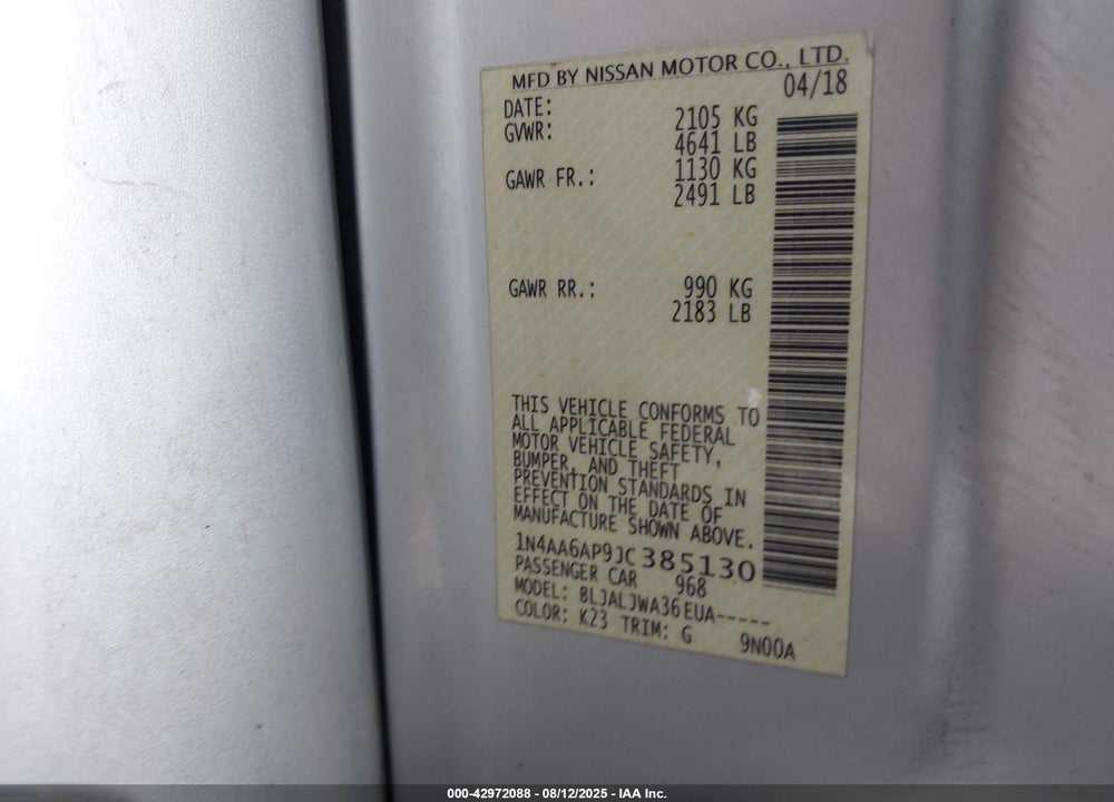 2018 NISSAN MAXIMA VIN: 1N4AA6AP9JC385130