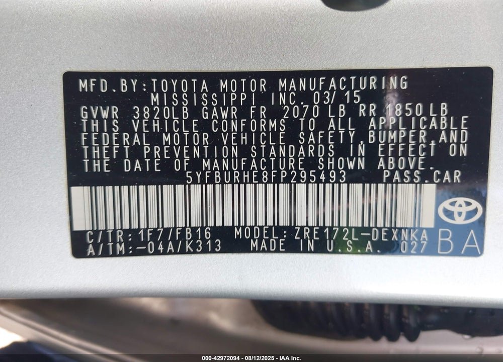 2015 TOYOTA COROLLA VIN: 5YFBURHE8FP295493