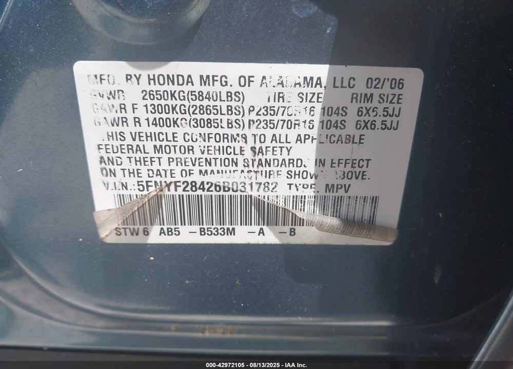 2006 HONDA PILOT EX VIN: 5FNYF28426B031782