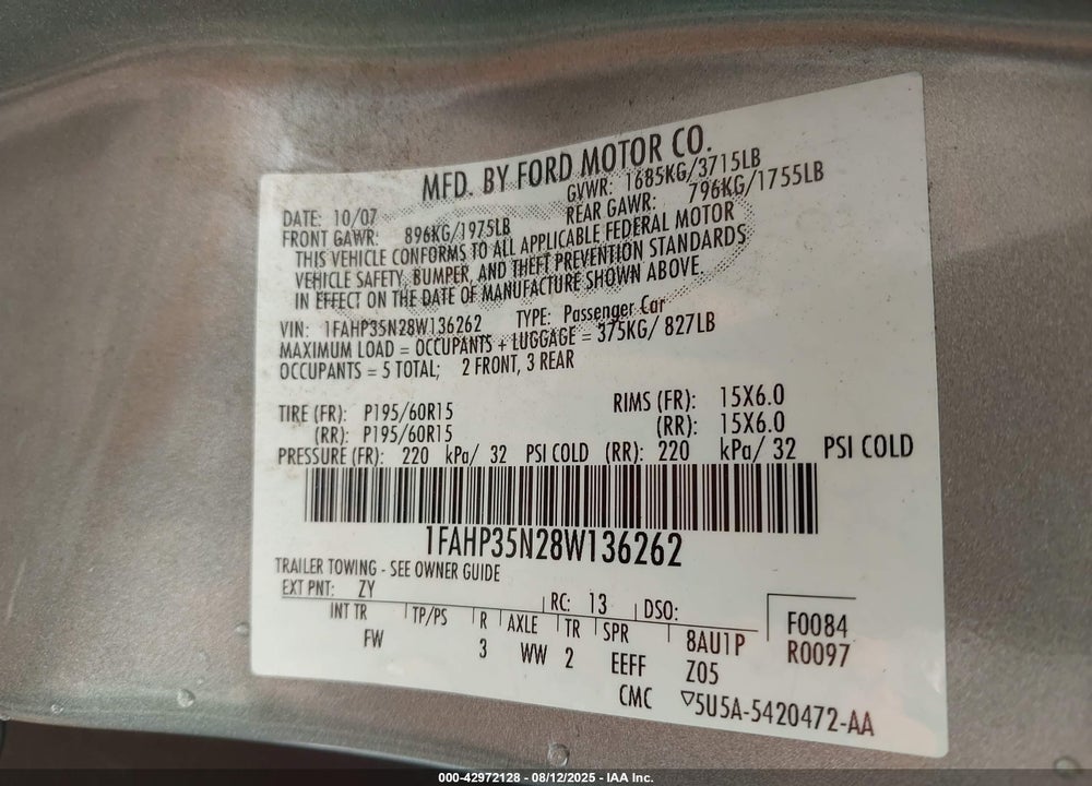 2008 FORD FOCUS VIN: 1FAHP35N28W136262
