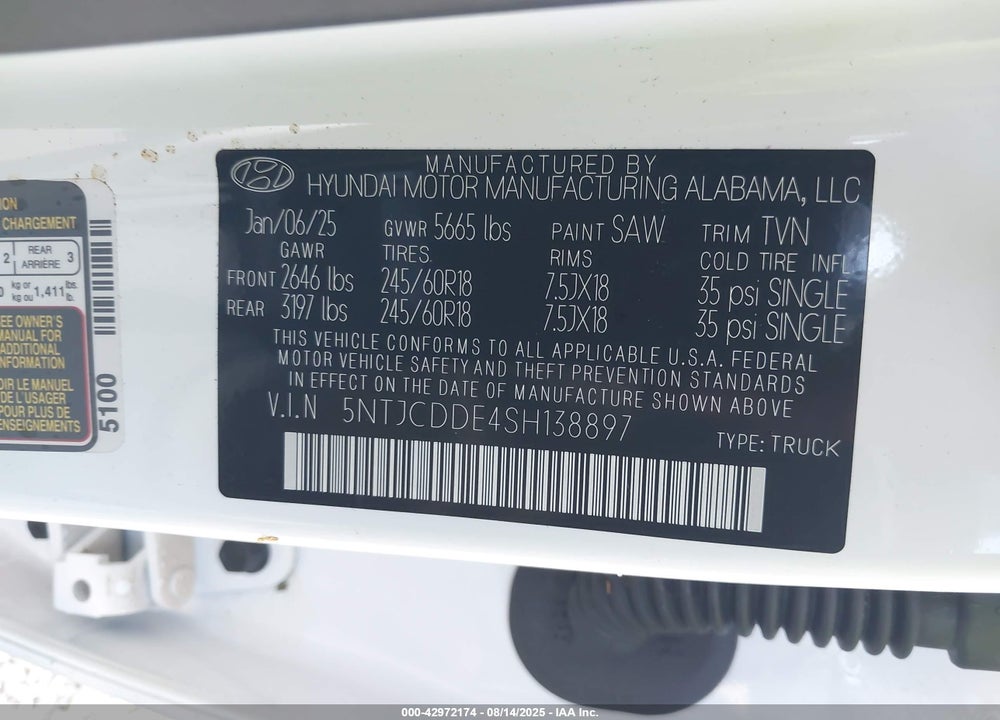 2025 HYUNDAI SANTA CRUZ VIN: 5NTJCDDE4SH138897