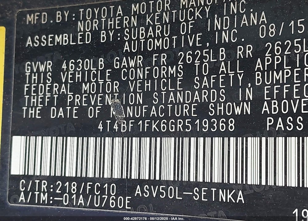 2016 TOYOTA CAMRY VIN: 4T4BF1FK6GR519368
