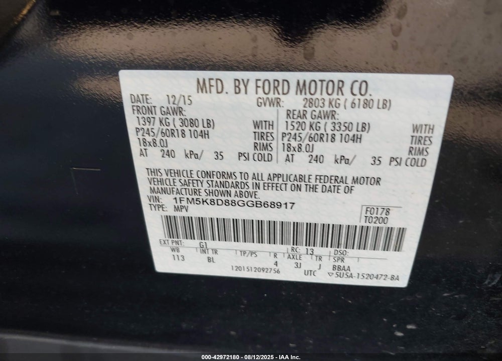 2016 FORD EXPLORER VIN: 1FM5K8D88GGB68917
