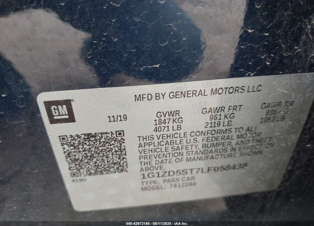 2020 CHEVROLET MALIBU VIN: 1G1ZD5ST7LF058438