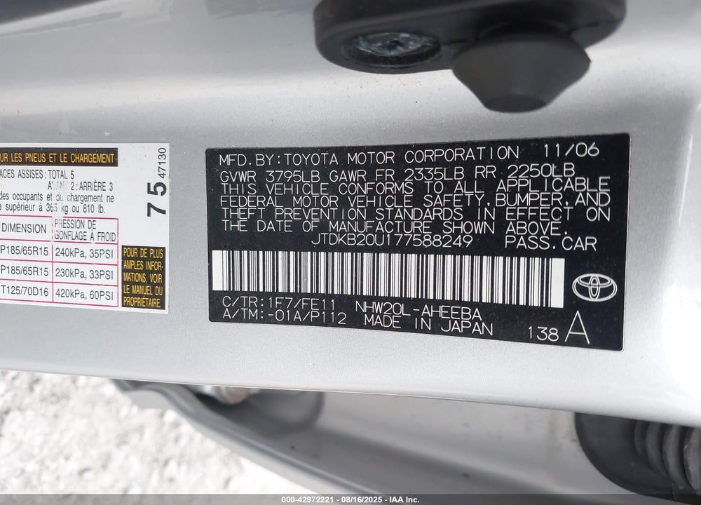 2007 TOYOTA PRIUS VIN: JTDKB20U177588249