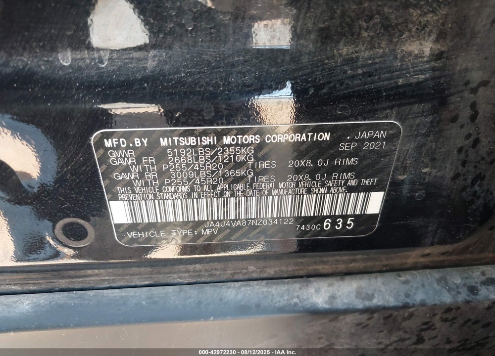 2022 MITSUBISHI OUTLANDER SEL 2.5 S-AWC VIN: JA4J4VA87NZ034122