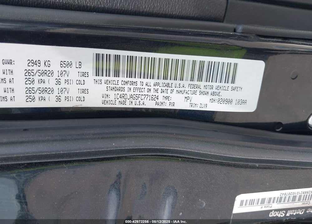 2015 DODGE DURANGO VIN: 1C4RDJAG5FC771624