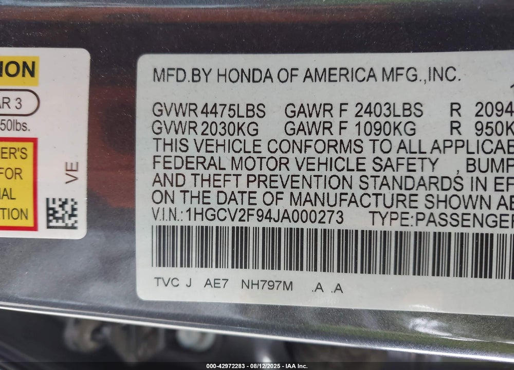 2018 HONDA ACCORD VIN: 1HGCV2F94JA000273