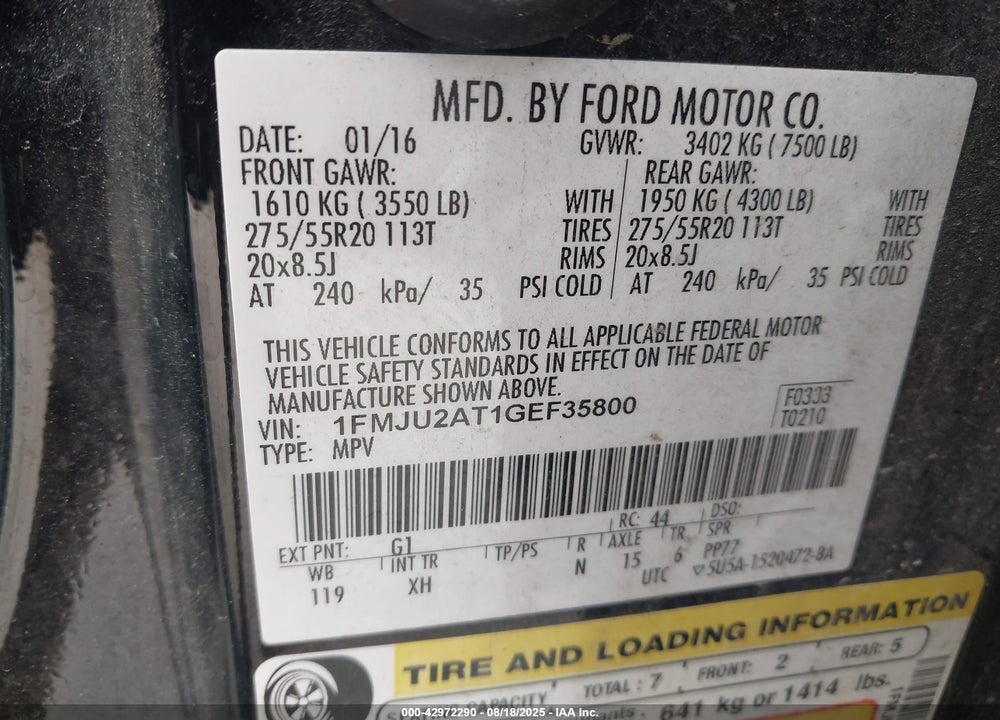 2016 FORD EXPEDITION LIMITED VIN: 1FMJU2AT1GEF35800