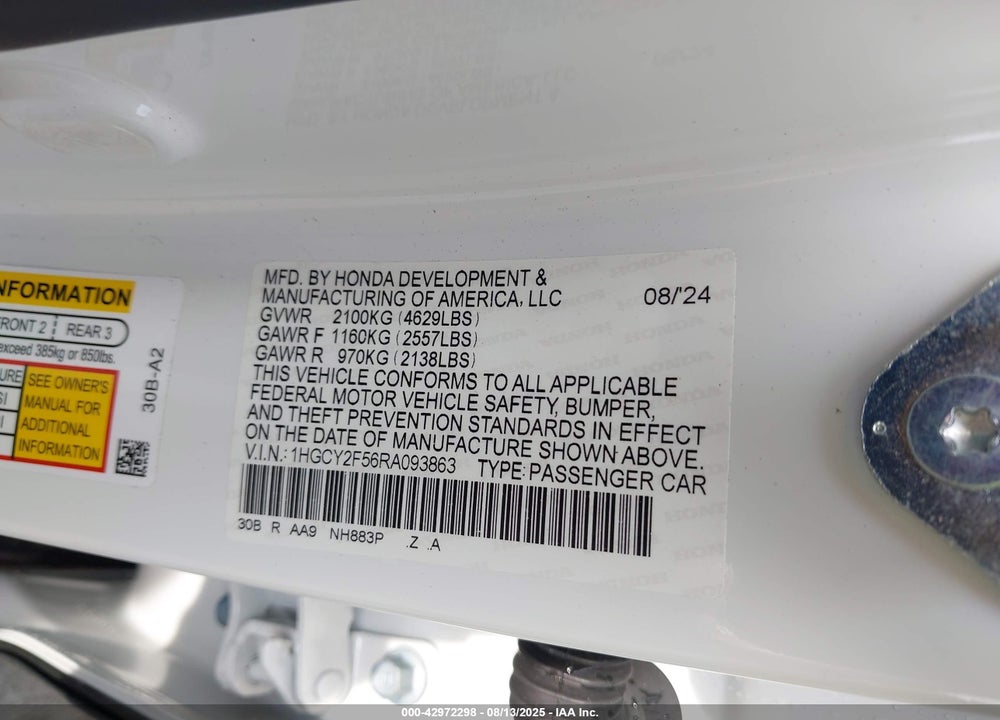 2024 HONDA ACCORD HYBRID SPORT VIN: 1HGCY2F56RA093863