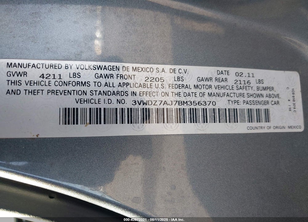 2011 VOLKSWAGEN JETTA VIN: 3VWDZ7AJ7BM356370