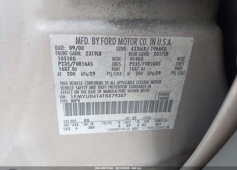 2001 FORD ESCAPE XLT VIN: 1FMYU04141KE79387