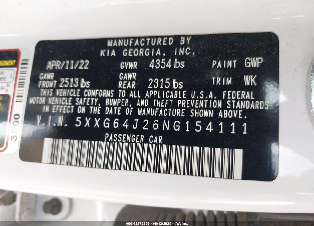 2022 KIA K5 VIN: 5XXG64J26NG154111