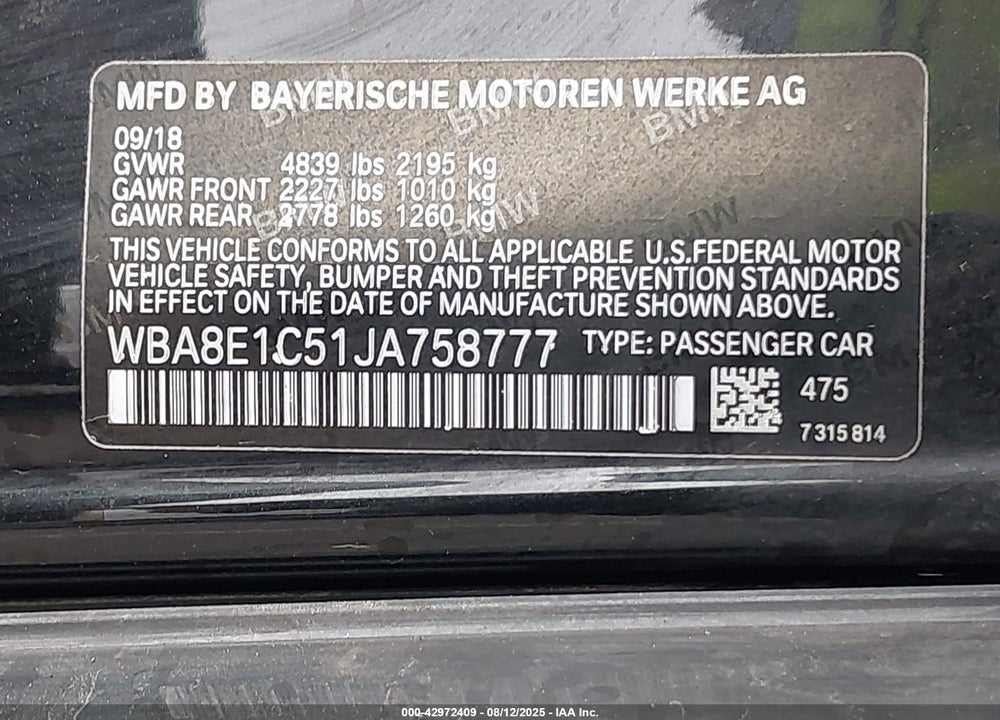 2018 BMW 3 SERIES VIN: WBA8E1C51JA758777