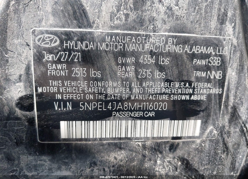 2021 HYUNDAI SONATA VIN: 5NPEL4JA8MH116020
