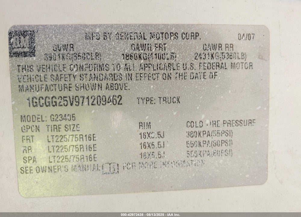 2007 CHEVROLET EXPRESS WORK VAN VIN: 1GCGG25V971209462