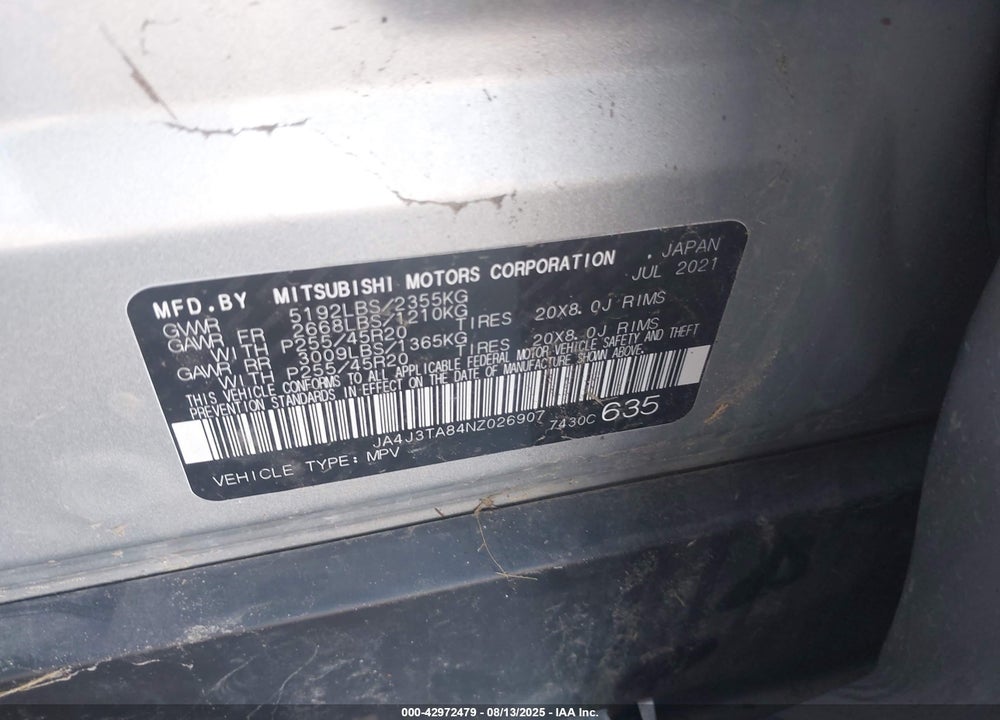 2022 MITSUBISHI OUTLANDER VIN: JA4J3TA84NZ026907