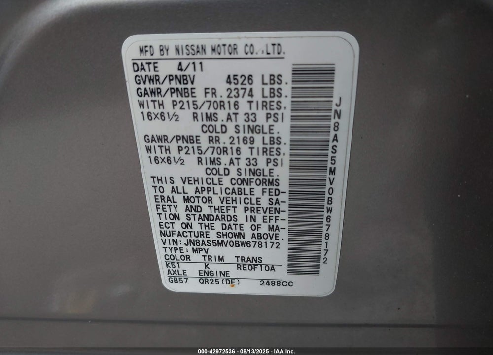 2011 NISSAN ROGUE VIN: JN8AS5MV0BW678172