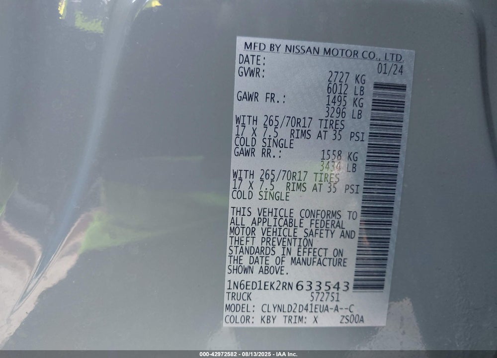 2024 NISSAN FRONTIER VIN: 1N6ED1EK2RN633543
