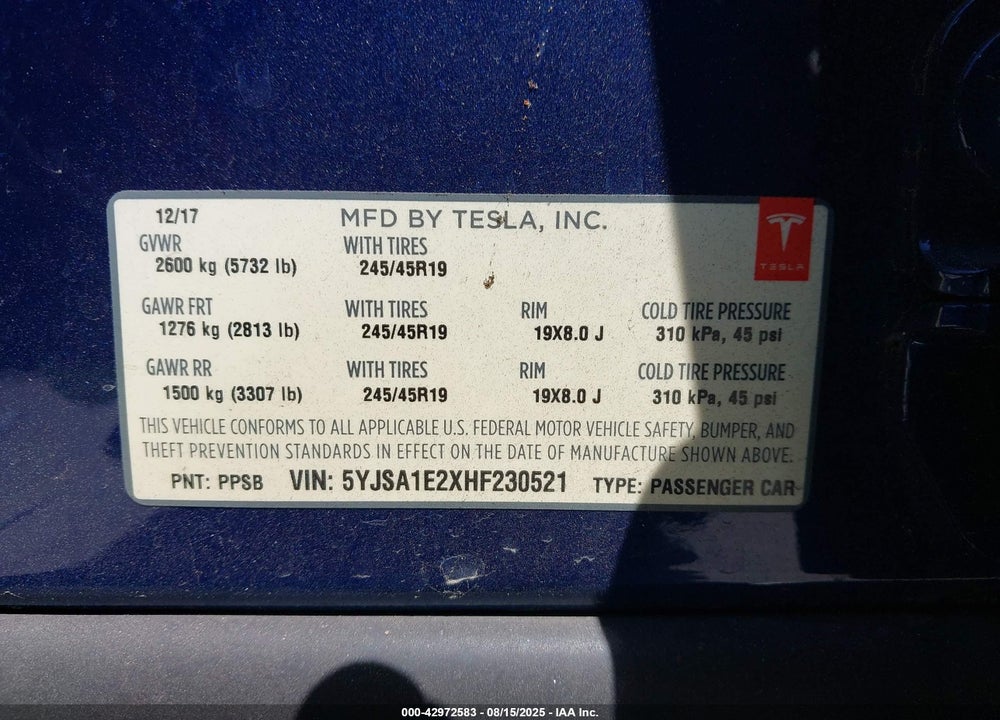 2017 TESLA MODEL S VIN: 5YJSA1E2XHF230521