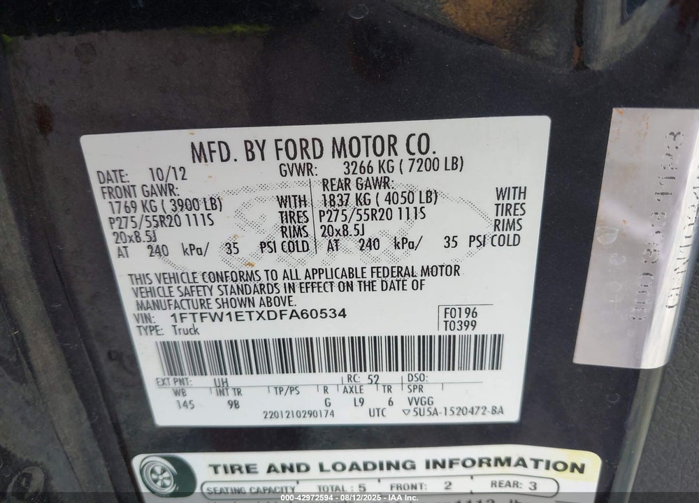2013 FORD F-150 VIN: 1FTFW1ETXDFA60534