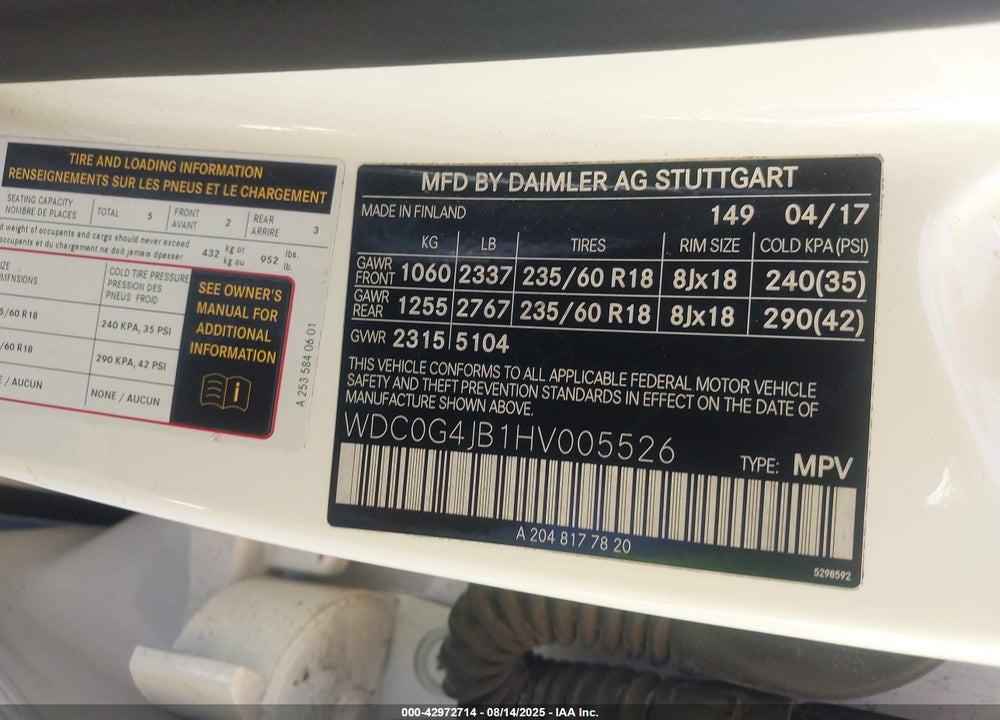 2017 MERCEDES-BENZ GLC CLASS VIN: WDC0G4JB1HV005526