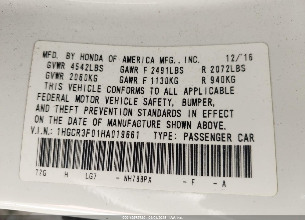 2017 HONDA ACCORD EX-L V6 VIN: 1HGCR3F01HA019661
