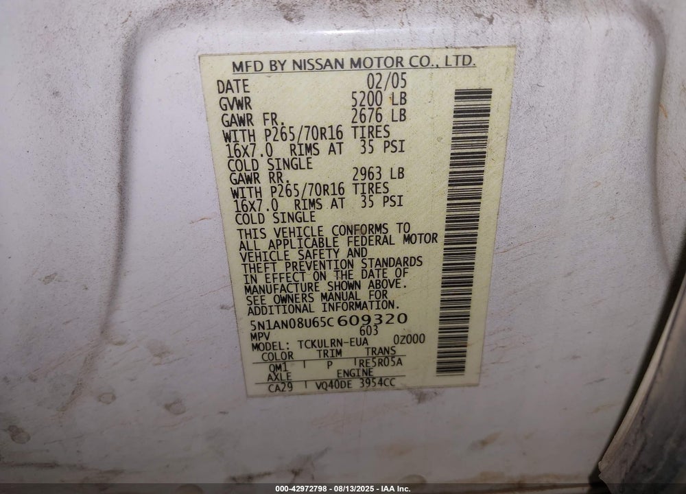 2005 NISSAN XTERRA S VIN: 5N1AN08U65C609320