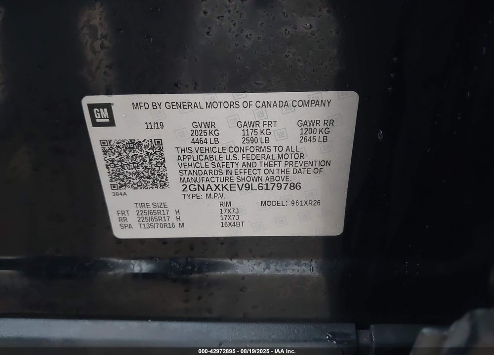 2020 CHEVROLET EQUINOX VIN: 2GNAXKEV9L6179786