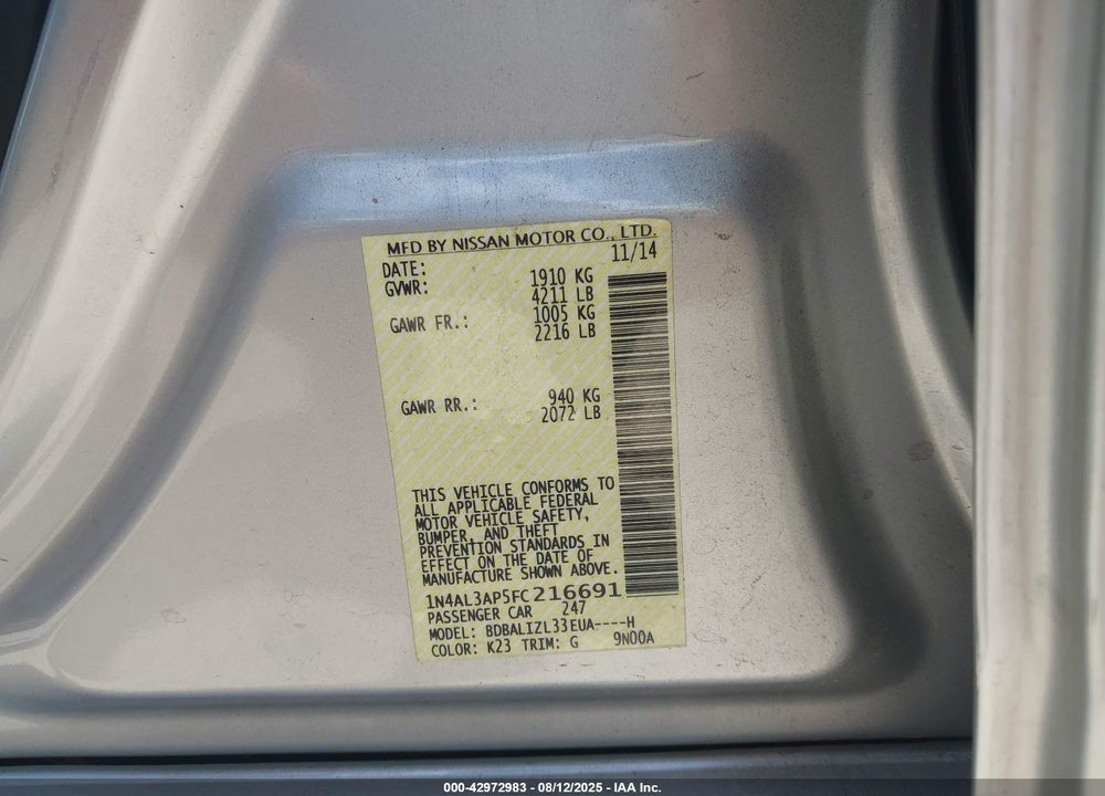 2015 NISSAN ALTIMA VIN: 1N4AL3AP5FC216691