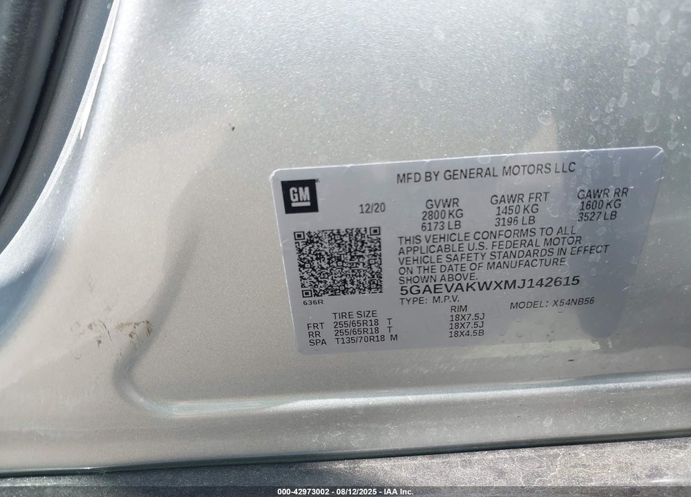 2021 BUICK ENCLAVE VIN: 5GAEVAKWXMJ142615