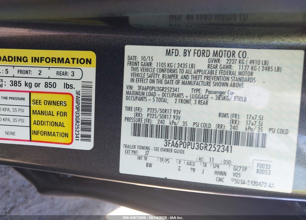 2016 FORD FUSION ENERGI SE LUXURY VIN: 3FA6P0PU3GR252341