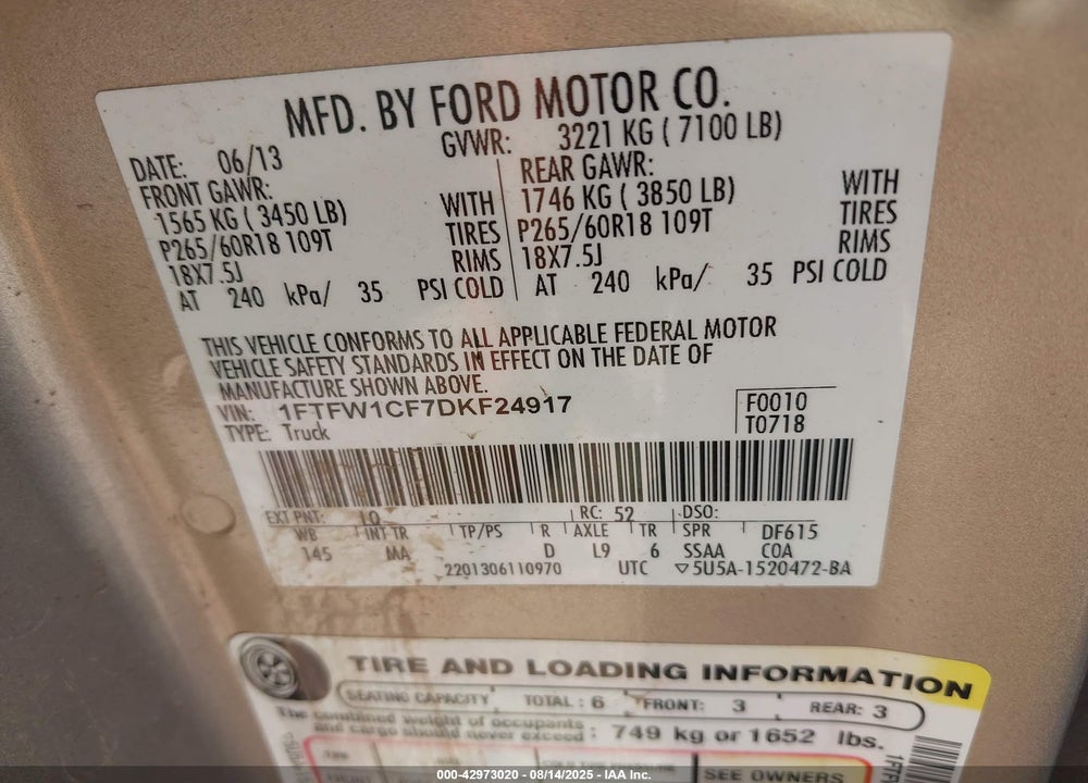 2013 FORD F-150 XLT VIN: 1FTFW1CF7DKF24917
