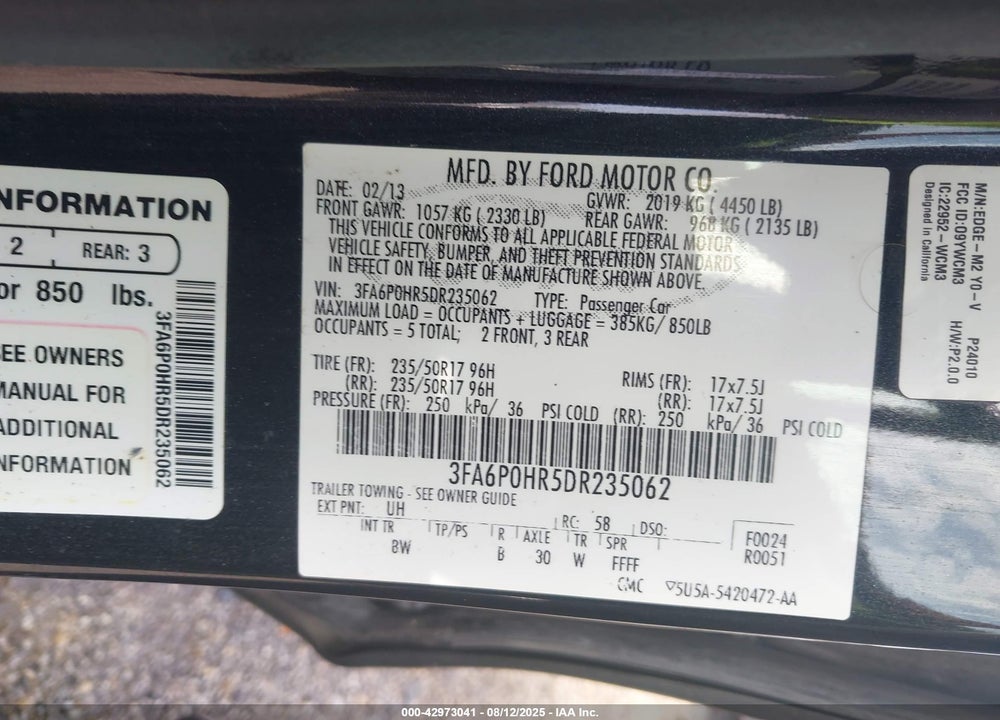 2013 FORD FUSION SE VIN: 3FA6P0HR5DR235062