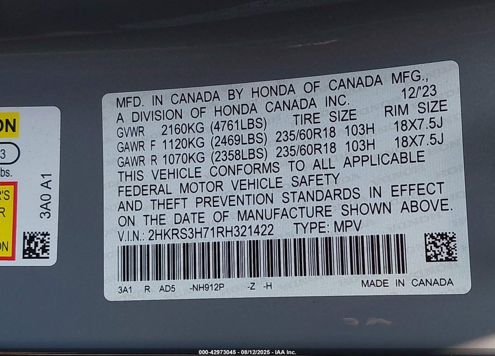 2024 HONDA CR-V EX-L 2WD VIN: 2HKRS3H71RH321422