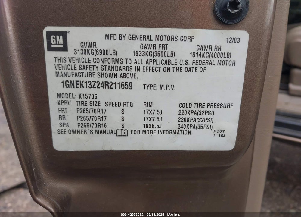 2004 CHEVROLET TAHOE LT VIN: 1GNEK13Z24R211659