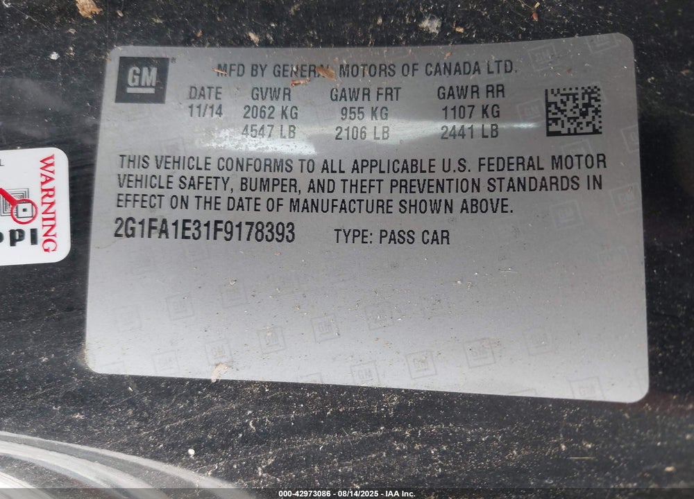 2015 CHEVROLET CAMARO 1LS VIN: 2G1FA1E31F9178393