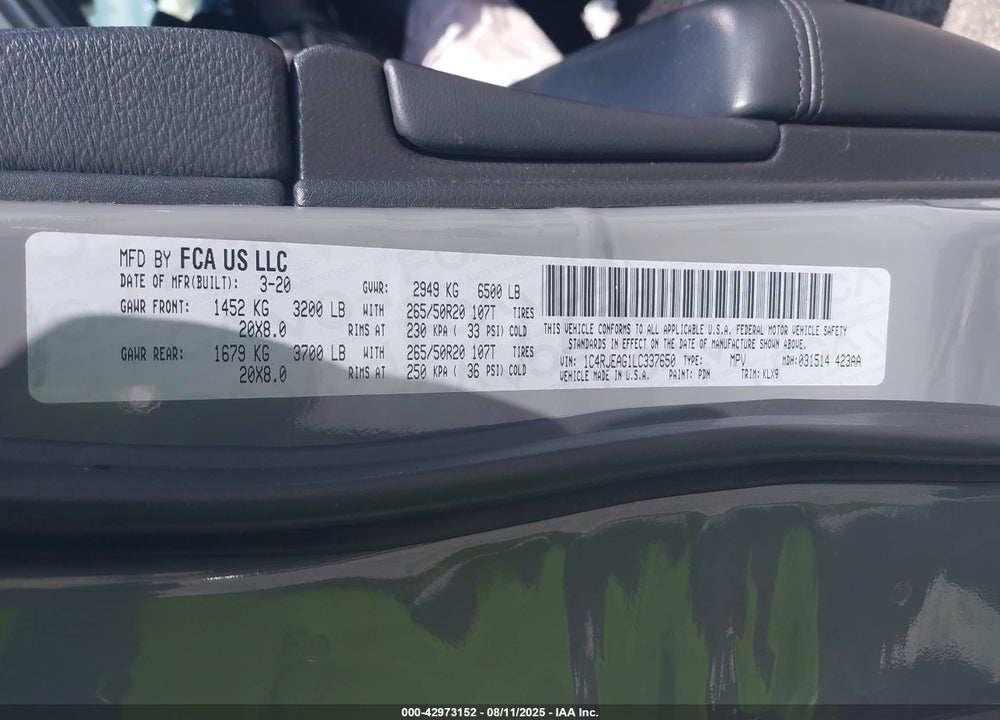 2020 JEEP GRAND CHEROKEE VIN: 1C4RJEAG1LC337650