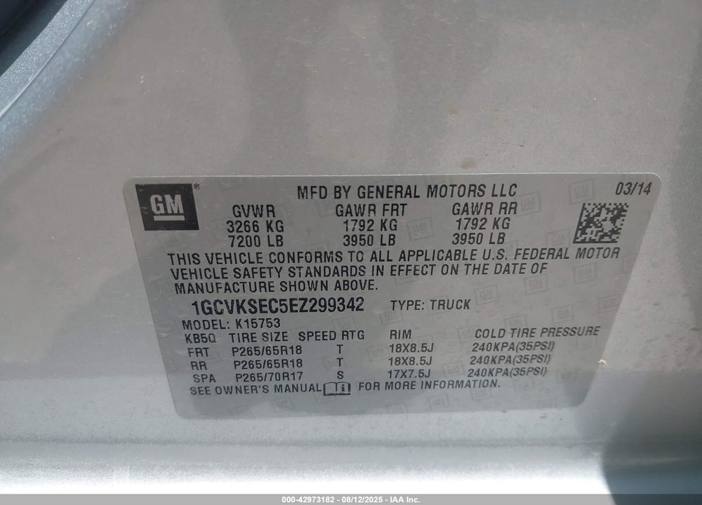 2014 CHEVROLET SILVERADO 1500 2LZ VIN: 1GCVKSEC5EZ299342