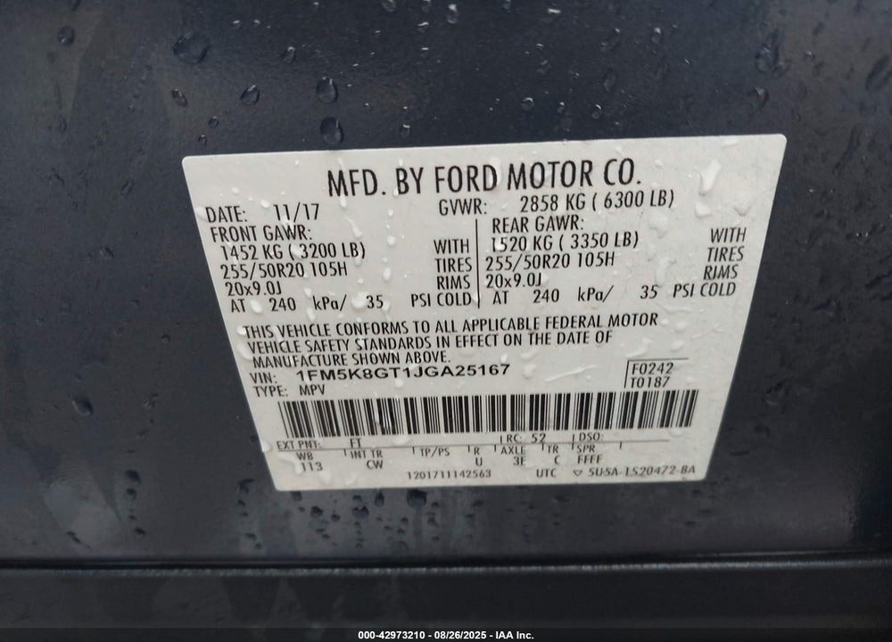 2018 FORD EXPLORER VIN: 1FM5K8GT1JGA25167